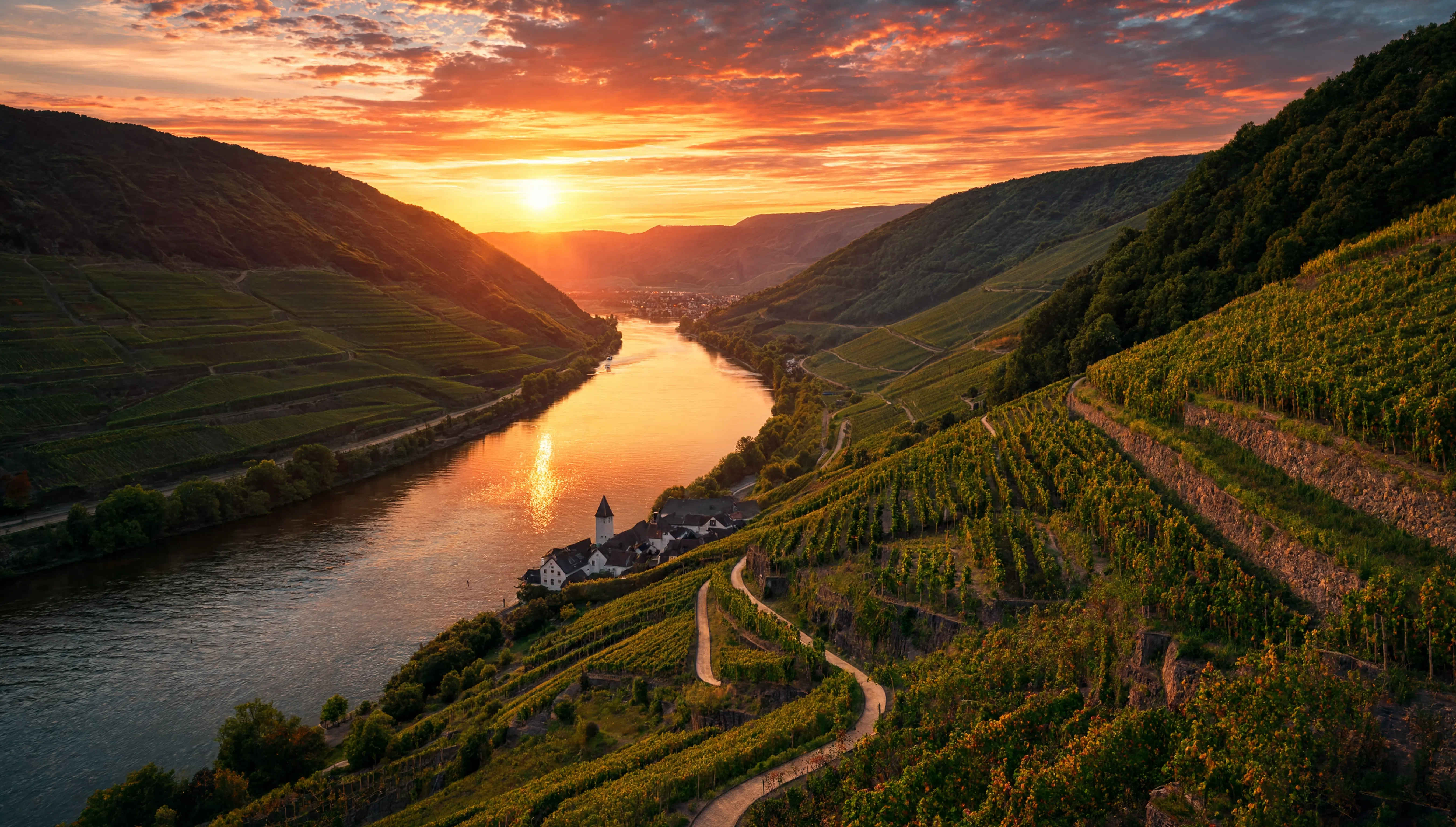 Goldene Weinberge der Mosel im Abendlicht mit Blick auf das Flussufer