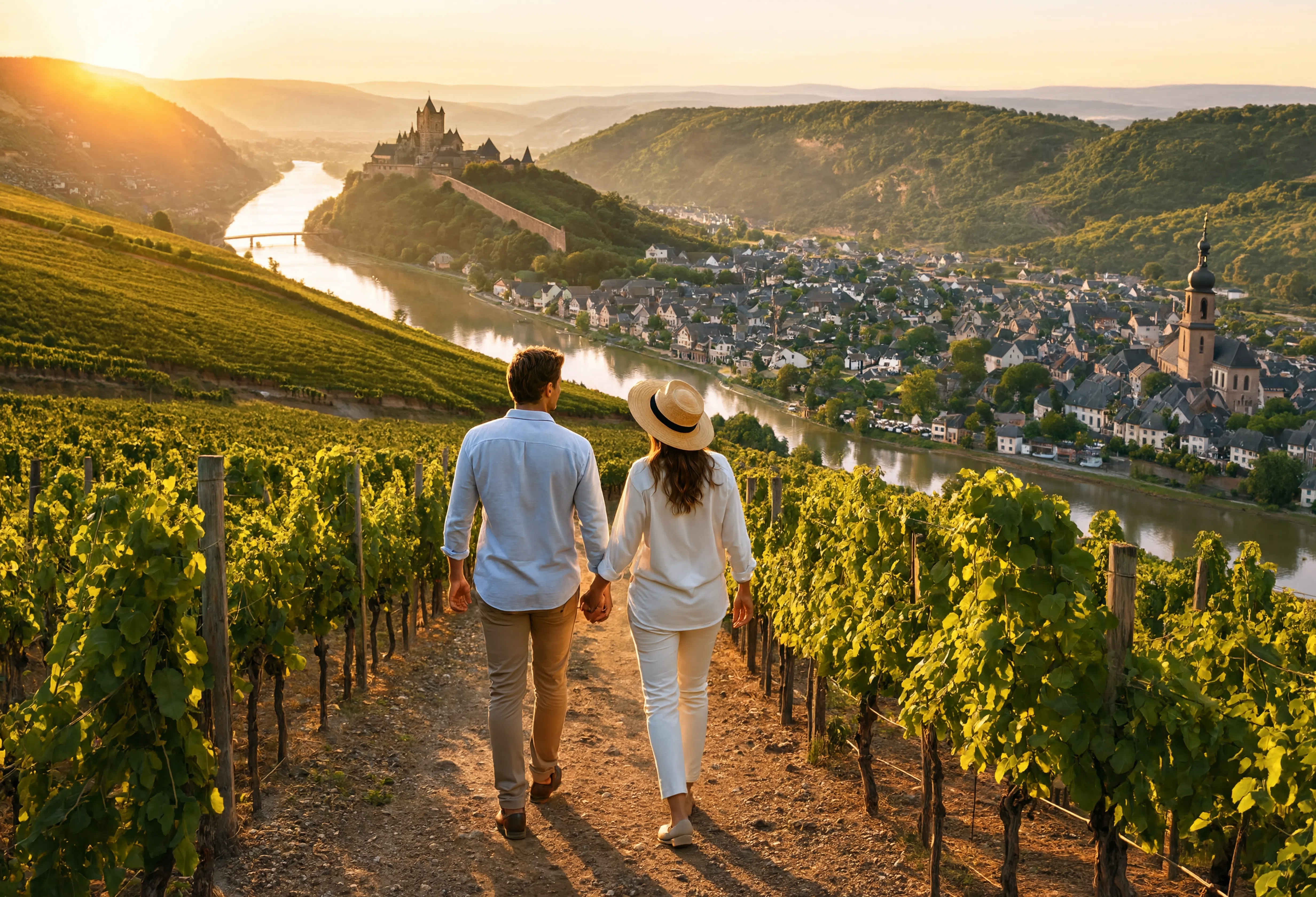 Reisende auf einem Weinbergpfad entlang der Mosel bei Sonnenuntergang